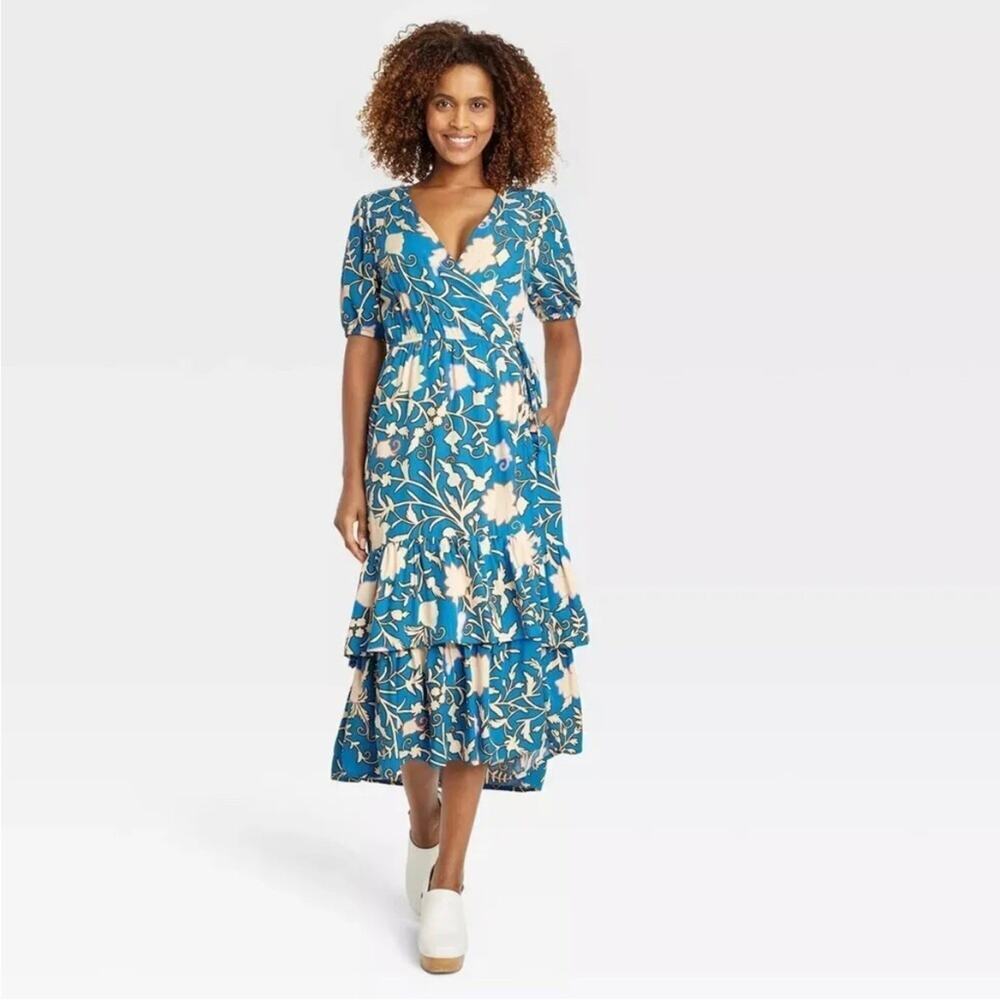 Knox Rose Blue Floral Print Short Sleeve Wrap Dress- Size XS